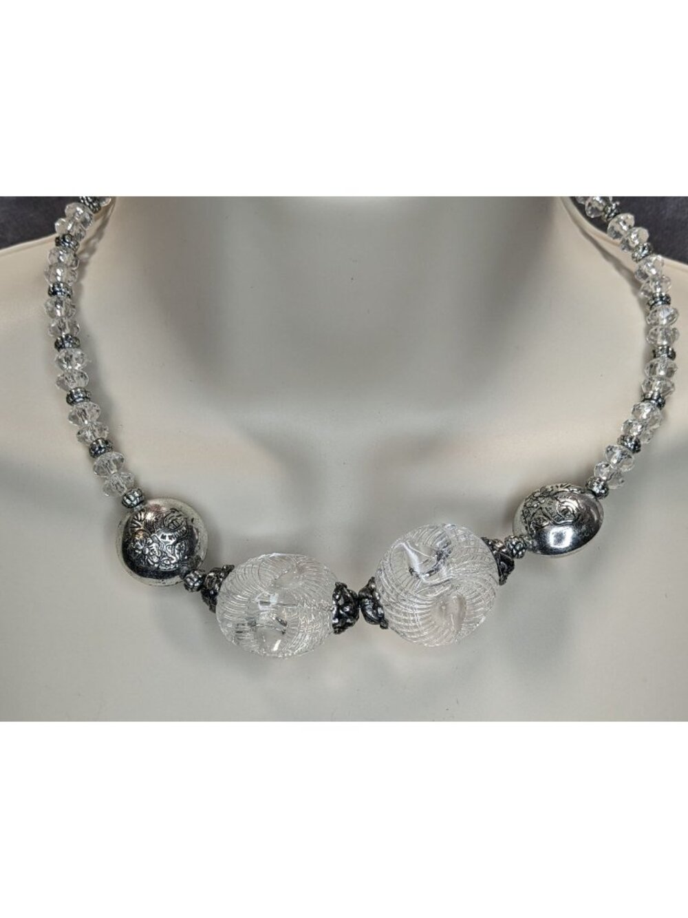 Handmade Embossed Silver Bead Necklace With Clear Accents